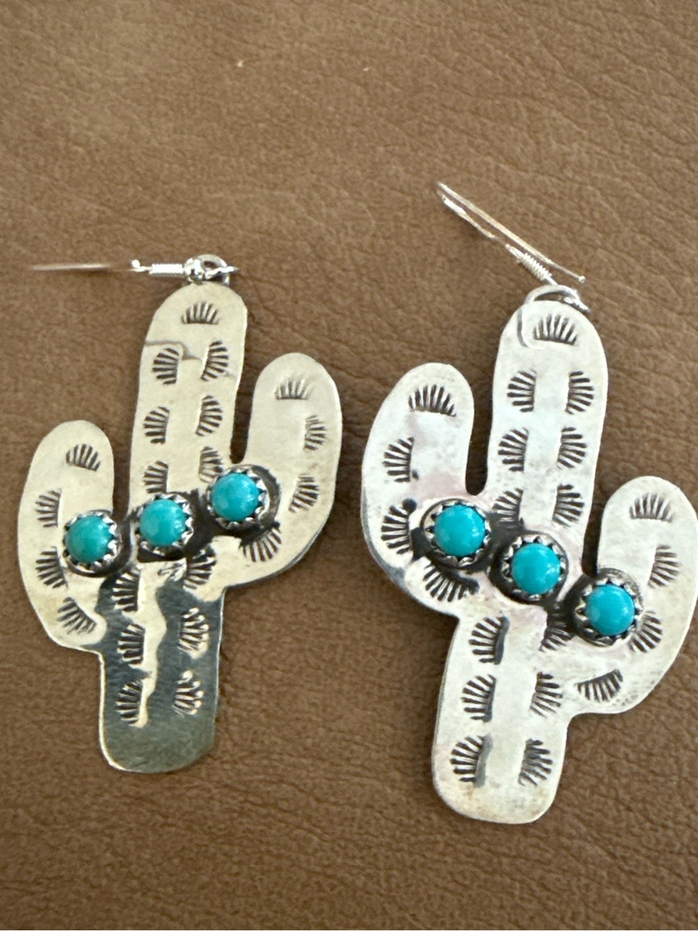 Aaron Davis Navajo Sterling Silver Turquoise Cactus Earrings AD Signed